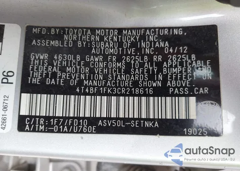 2012 Toyota Camry Le из США, поврежденный, VIN 4T4BF1FK3CR218616